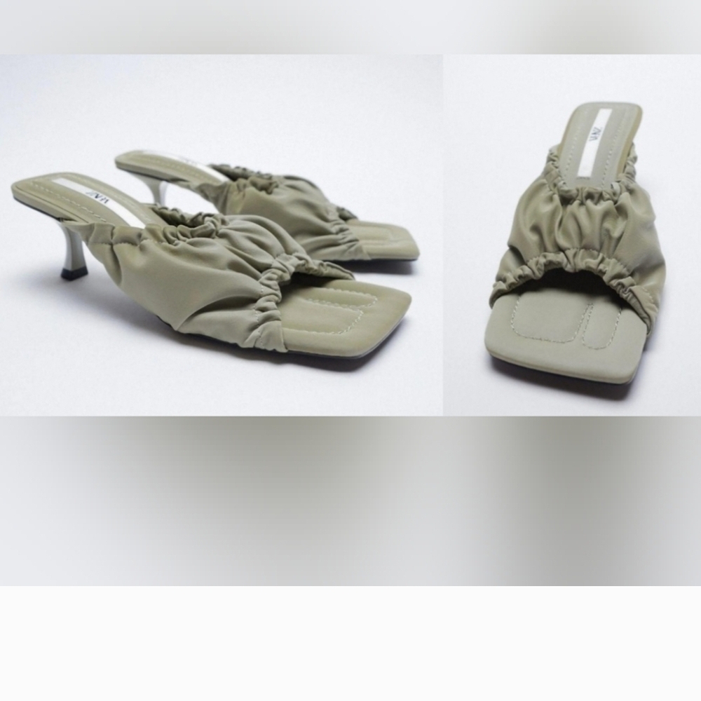 Zara Kitten Heel Padded Scrunchi Heel Sage Green Modern